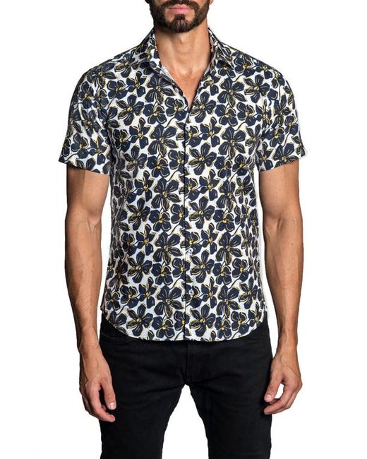 Jared Lang Trim Fit Floral Print Short Sleeve Button-Up Shirt