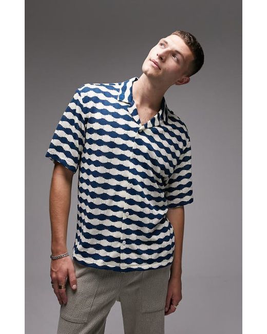 Topman Wavy Stripe Crochet Button-Up Camp Shirt X-Small