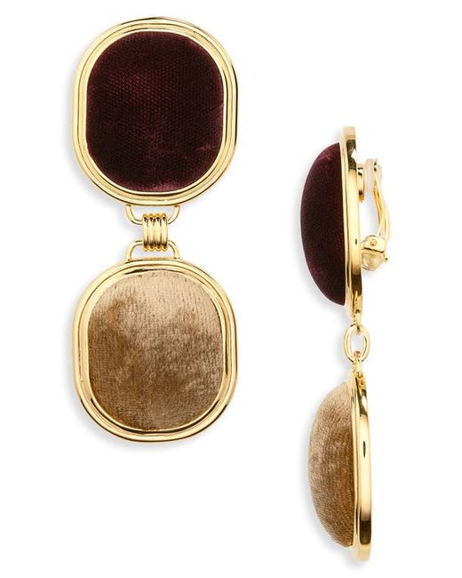 Saint Laurent Twin Square Velvet Drop Clip-On Earrings Burgundy/Bronze/Gold