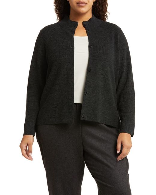 Eileen Fisher High Collar Merino Wool Cardigan Black/Charcoal 1X