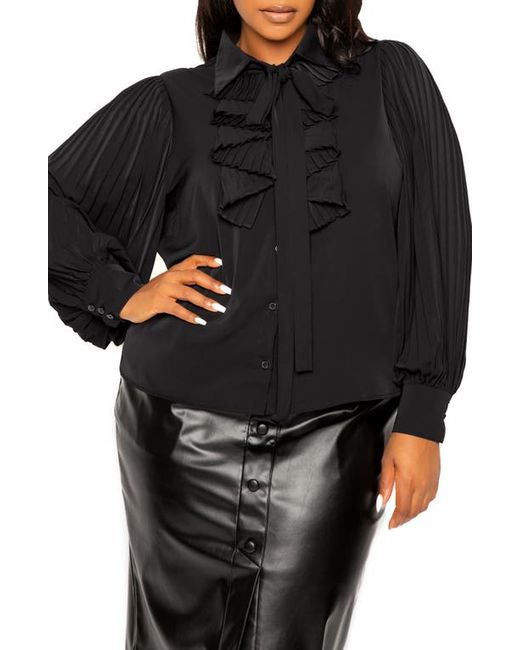 Buxom Couture Tie Neck Pleated Sleeve Top