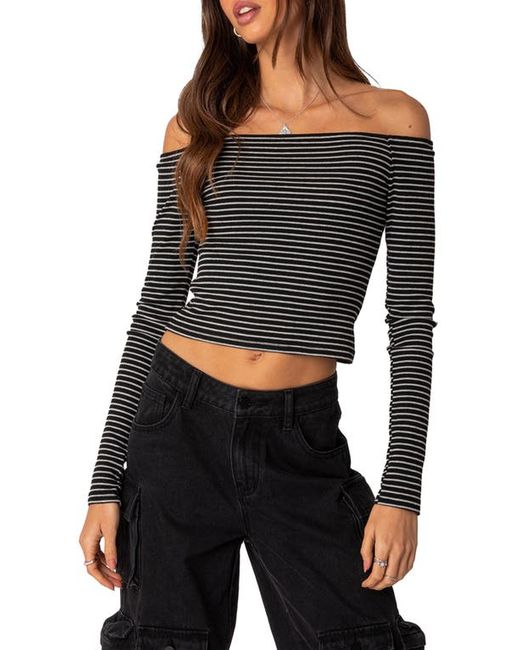 Edikted Canary Stripe Off the Shoulder Rib Crop Top X-Small