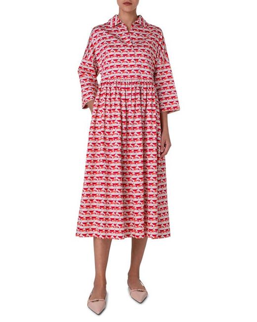 Akris Punto Flamingo Dot Print Long Sleeve Cotton Midi Dress