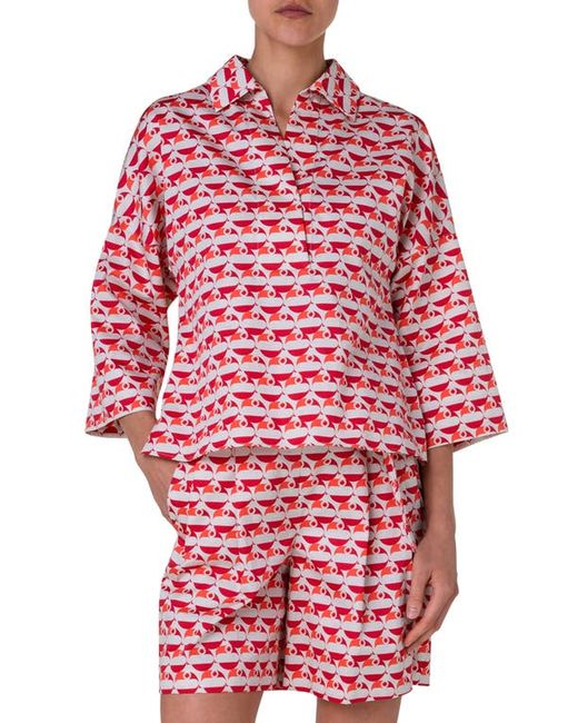 Akris Punto Flamingo Dot Print Cotton Satin Shirt