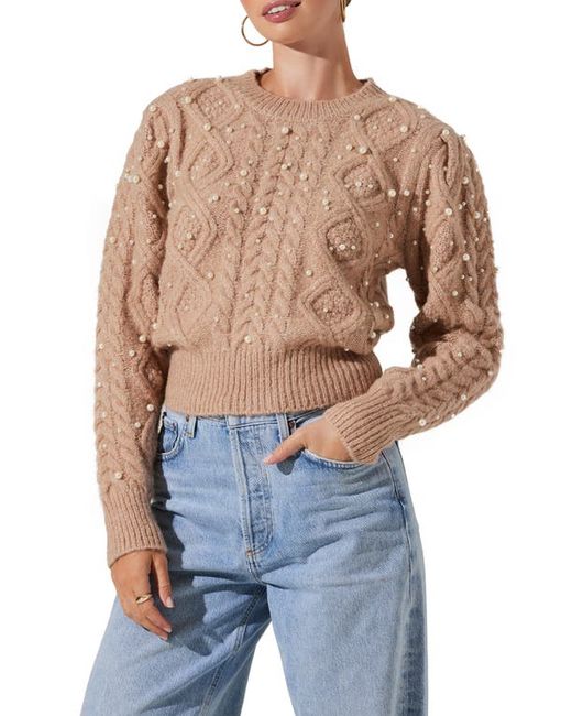 ASTR the Label Imitation Pearl Embellished Cable Stitch Sweater X-Small