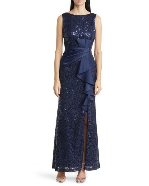 Eliza J Sequin Ruffle Sleeveless Lace Trumpet Gown