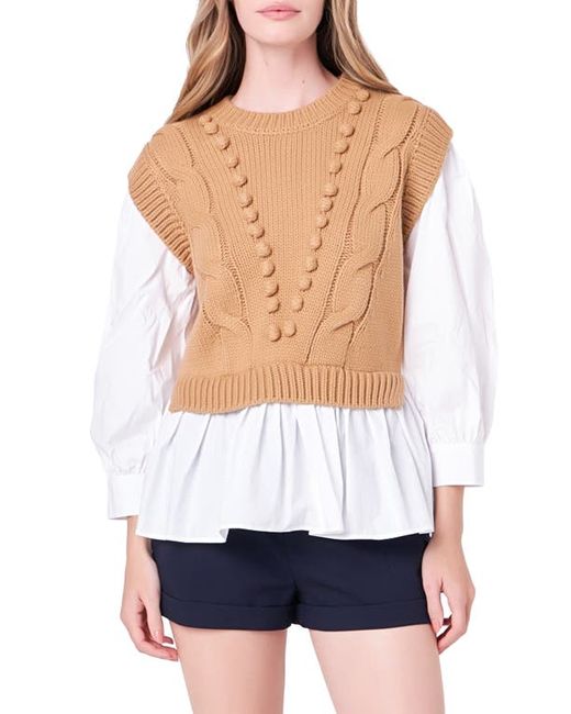 English Factory Mixed Media Cable Stitch Sweater Tan/White