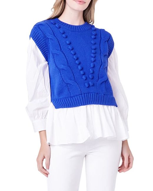 English Factory Mixed Media Cable Stitch Sweater Cobalt White