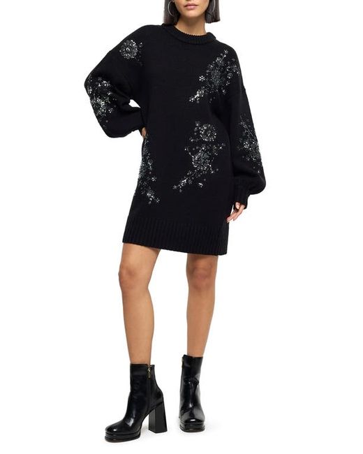 River Island Jessie Crystal Floral Embellished Long Sleeve Sweater Dress X-Small
