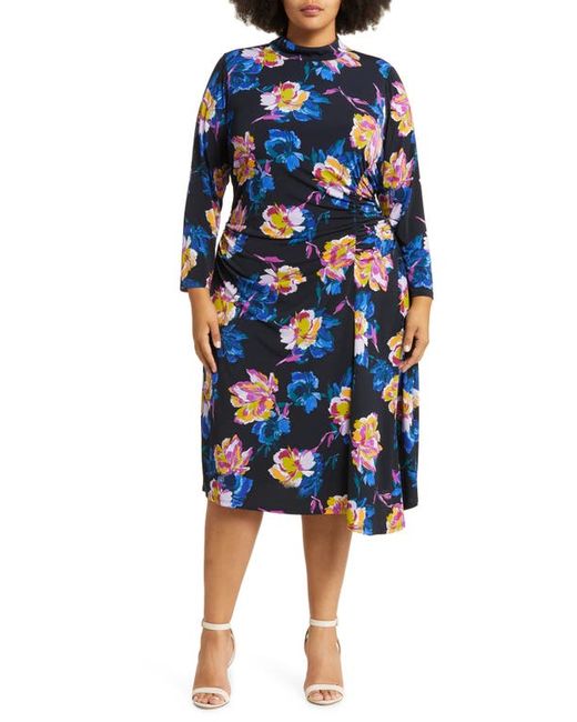 Maggy London Floral Print Ruched Mock Neck Long Sleeve Dress 14W