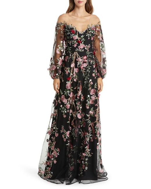 Marchesa Notte Floral Embroidery Long Sleeve Gown