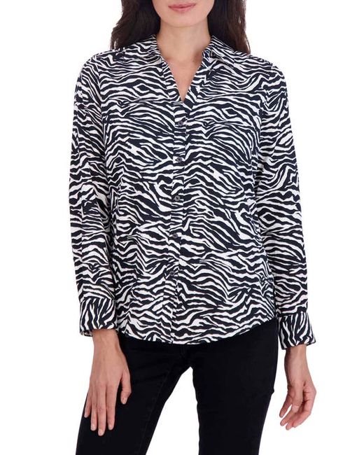 Foxcroft Mary Zebra Print Cotton Button-Up Shirt Black