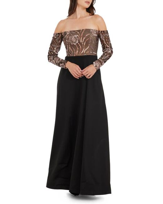 Dress the population Margaret Sequin Embroidered Off the Shoulder Long Sleeve Gown Xx-Small