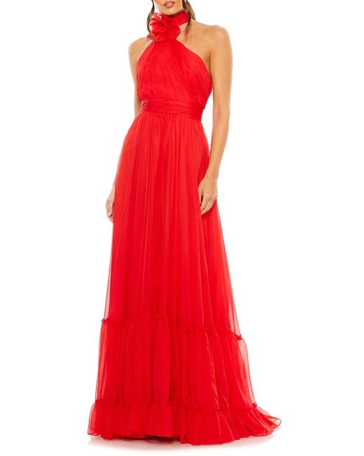 Ieena for Mac Duggal Rosette Asymmetric Halter Gown