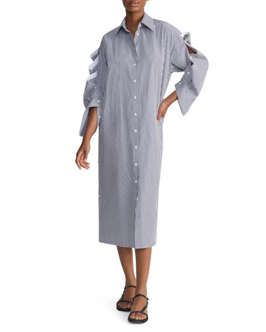 Lafayette 148 New York Stripe Long Sleeve Oversize Cotton Poplin Midi Shirtdress X-Small