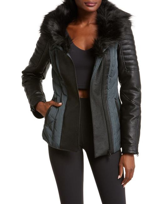 Blanc Noir Sophia Hooded Mixed Media Faux Leather Quilted Jacket with Removable Fur Trim