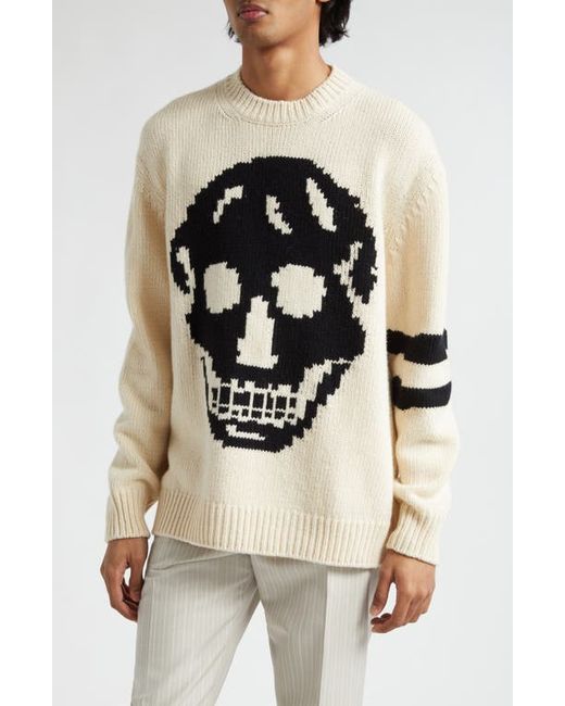 Alexander McQueen Skull Intarsia Wool Cashmere Crewneck Sweater Cream/Black Small