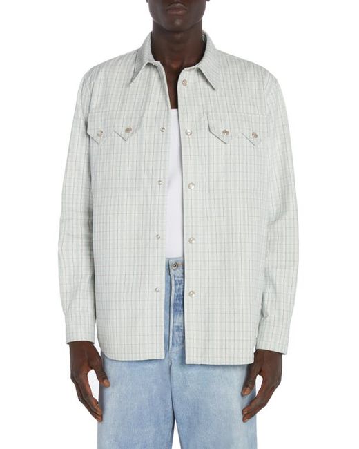 Bottega Veneta Check Print Leather Snap-Up Western Shirt White/Grey/Mint