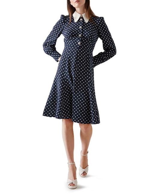 Lk Bennett Mathilde Polka Dot Long Sleeve Silk Fit Flare Dress Spring Navy/Antique 2 Us