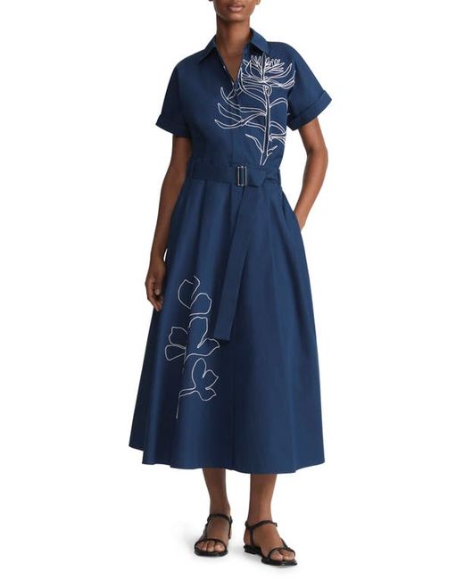 Lafayette 148 New York Floral Embroidered Belted Cotton Poplin Shirtdress Small