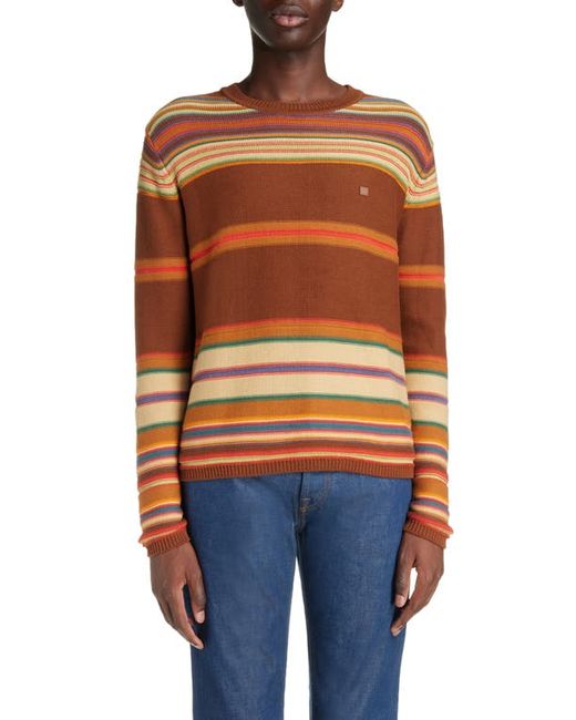 Acne Studios Face Patch Stripe Organic Cotton Crewneck Sweater Cinnamon Brown/Multi Small