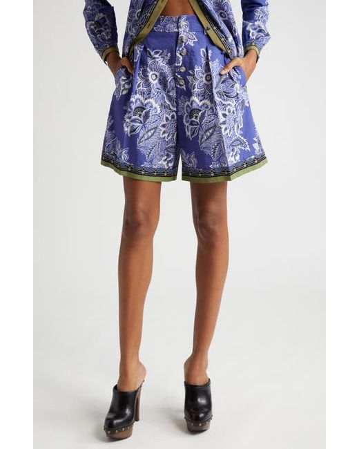 Etro Pleated Floral High Waist Cotton Shorts