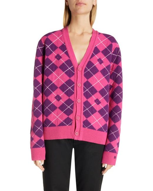 Acne Studios Kwanny Face Logo Argyle Jacquard Lambswool Blend V-Neck Cardigan Bright Pink/Mid Xx-Small