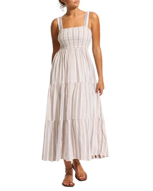 Seafolly Beach Edit Embroidered Tiered Smocked Cotton Cover-Up Maxi Dress X-Small