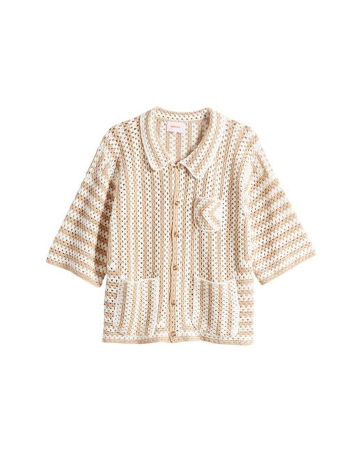 Checks Stripe Crochet Cotton Button-Up Shirt Small