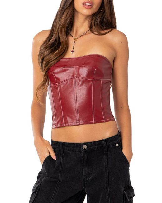 Edikted Moss Lace-Up Strapless Faux Leather Corset Top