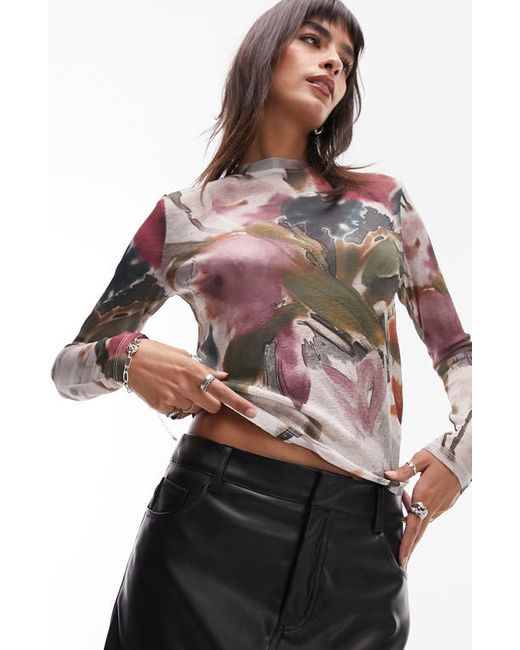 TopShop Watercolor Floral Long Sleeve Mesh Top X-Small