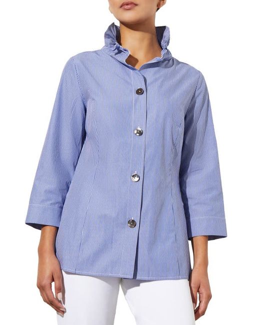 Ming Wang Ruffle Collar Stripe Cotton Shirt Indigo Xx-Small
