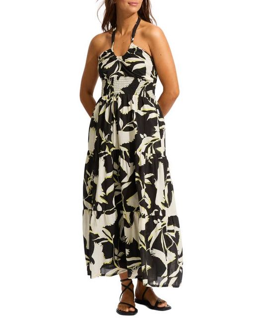 Seafolly Birds of Paradise Halter Tiered Cotton Cover-Up Maxi Dress