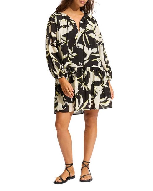 Seafolly Birds of Paradise Tiered Long Sleeve Cotton Cover-Up Dress