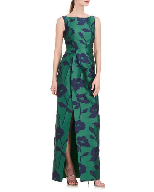 Kay Unger Bridgette Floral Jacquard Column Gown Emerald/Navy