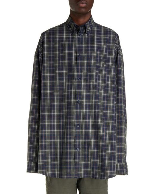 Balenciaga Check Oversize Cotton Flannel Button-Down Shirt Navy