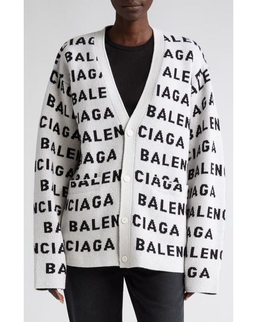 Balenciaga Logo Jacquard Wool Blend V-Neck Cardigan Black