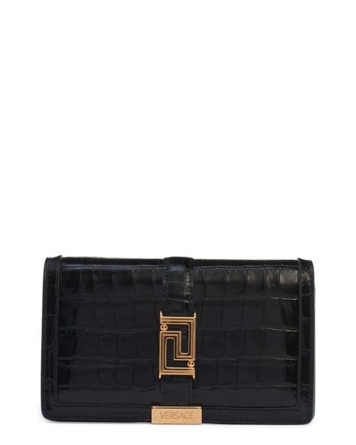 Versace La Greca Croc Embossed Leather Wallet on a Chain Gold