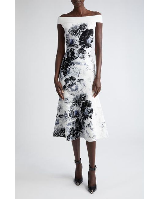 Alexander McQueen Chiaroscuro Floral Jacquard Off the Shoulder Knit Midi Dress White/Black Medium