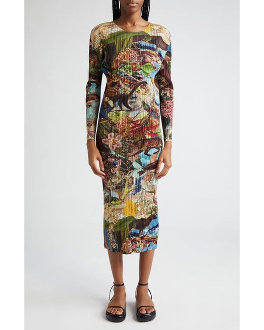 Pleats Please By Issey Miyake Auroro Jungle Print Pleated Long Sleeve Midi Dress