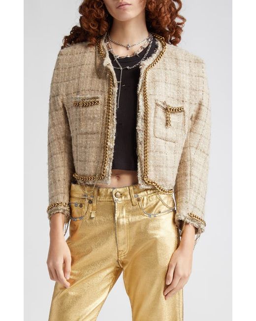 R13 Chain Embellished Crop Wool Mohair Blend Tweed Jacket