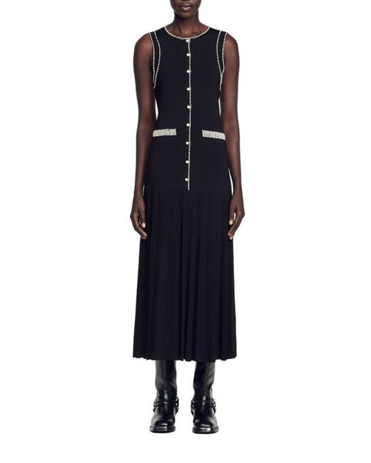 Sandro Naima Imitation Pearl Button Front Sleeveless Midi Dress