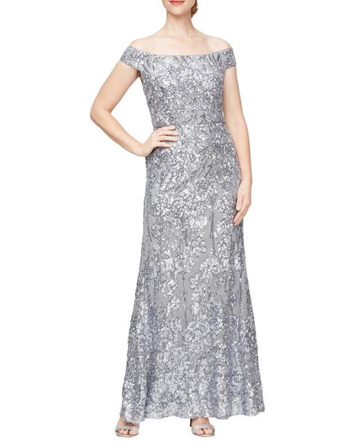 Alex Evenings Floral Embroidered Sequin Off the Shoulder Gown 4P