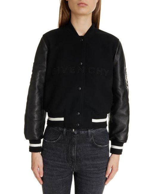 Givenchy Regular Fit Leather Wool Blend Crop Varsity Jacket Black