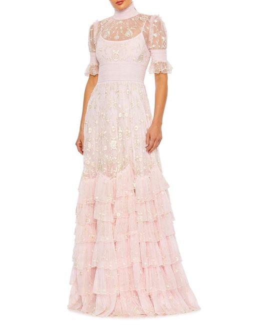 Mac Duggal Floral Embroidered Tiered Ruffle Gown