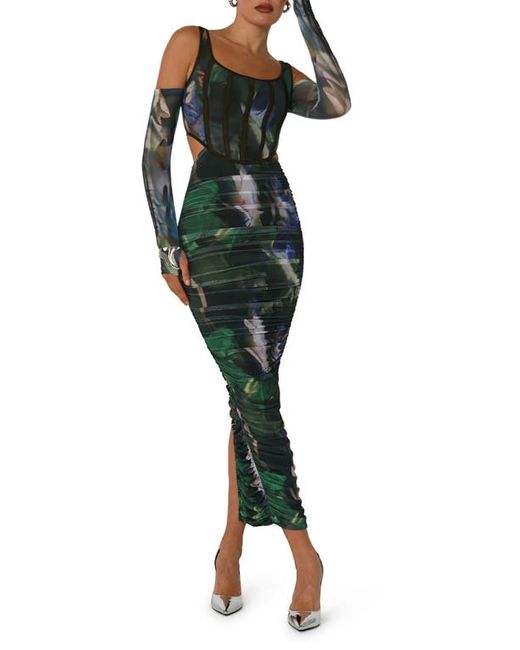By.Dyln BY. DYLN Aria Abstract Print Cold Shoulder Long Sleeve Mesh Dress X-Small