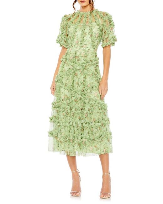Mac Duggal Floral Flutter Sleeve Ruffle Mesh A-Line Dress