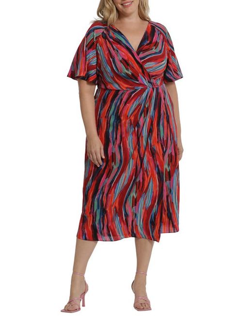 Maggy London Printed Faux Wrap Dress Naby/Blue/Burgundy 14W
