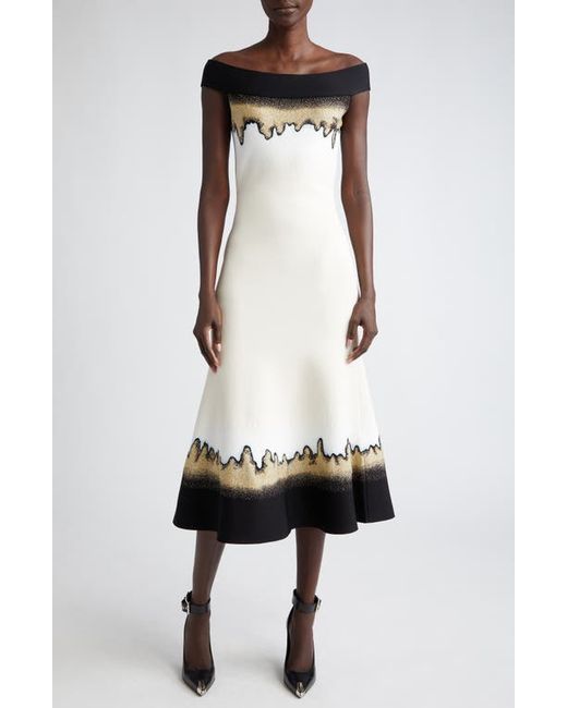 Alexander McQueen Off the Shoulder Jacquard Midi Sweater Dress Ivory/Black/Gold Small