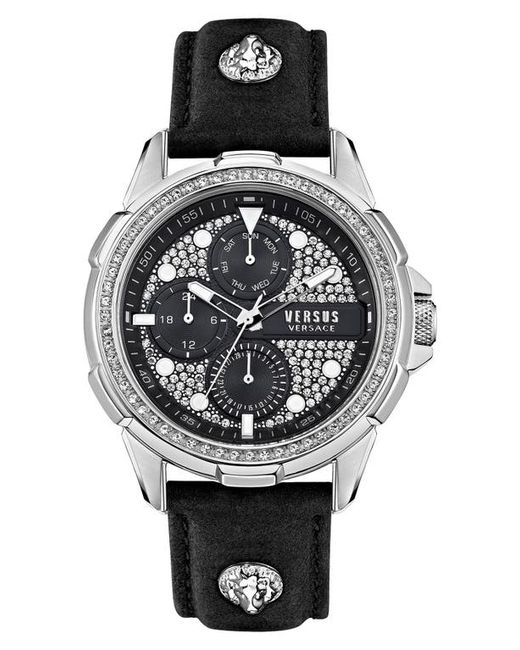 Versus 6E Arrondissement Crystal Multifunction Leather Strap Watch 46mm Stainless Steel